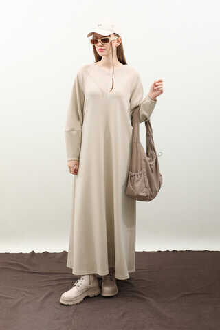 Dikiş Detaylı Elbise Krem - 2