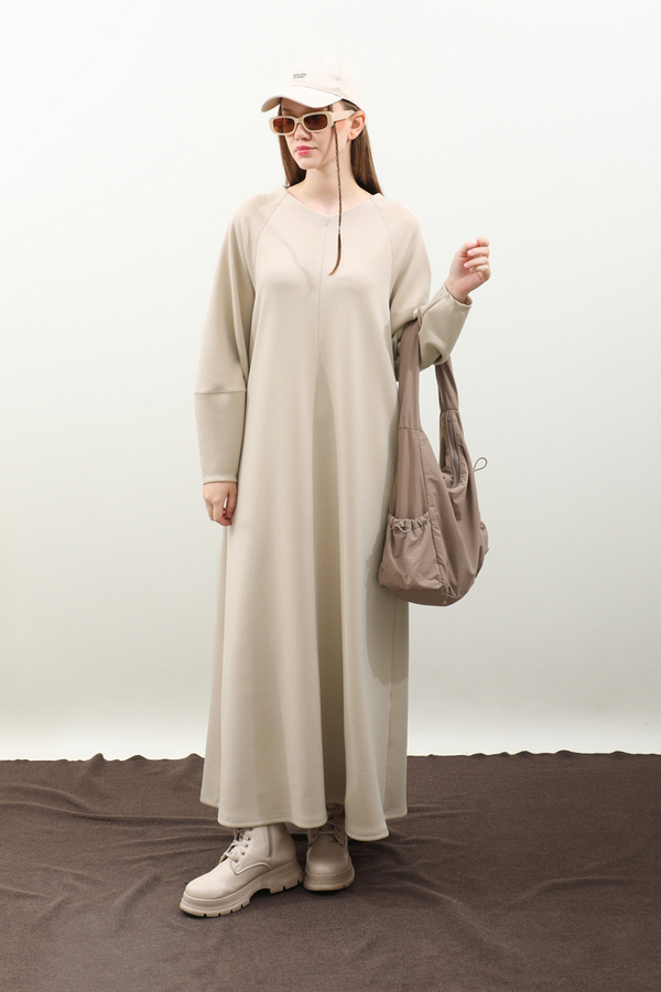 Dikiş Detaylı Elbise Krem - 2