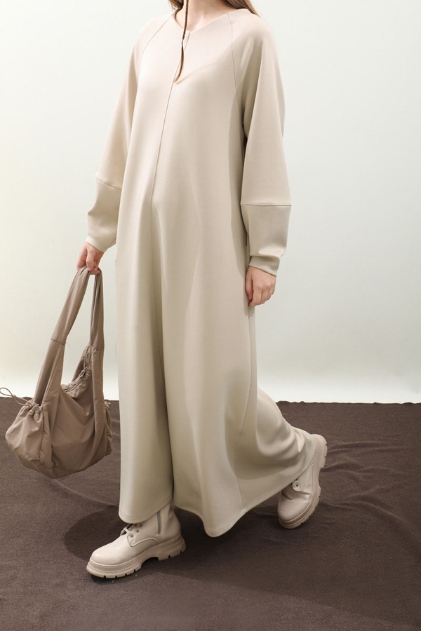 Dikiş Detaylı Elbise Krem - 4