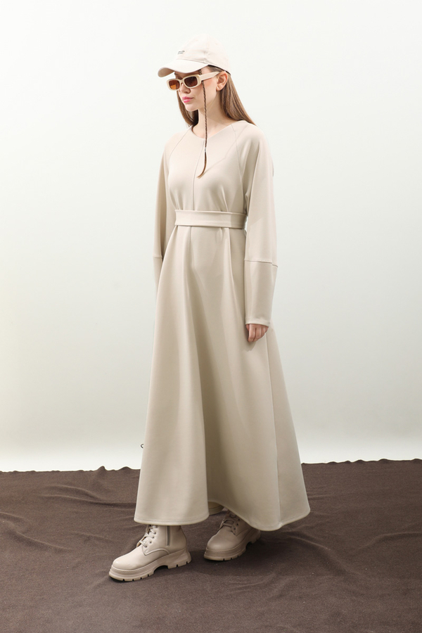 Dikiş Detaylı Elbise Krem - 5