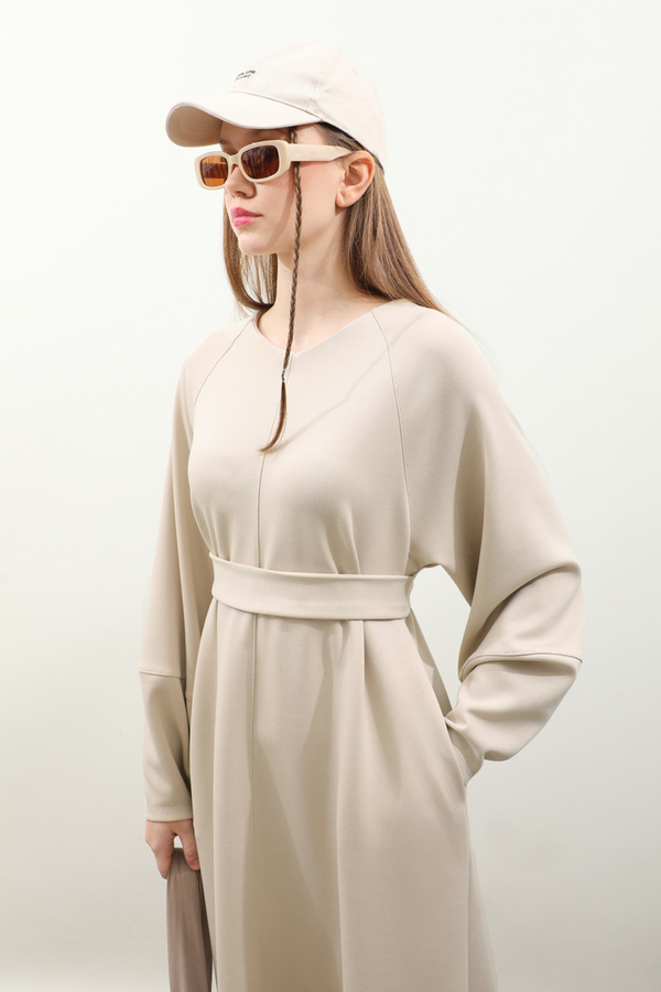 Dikiş Detaylı Elbise Krem - 8