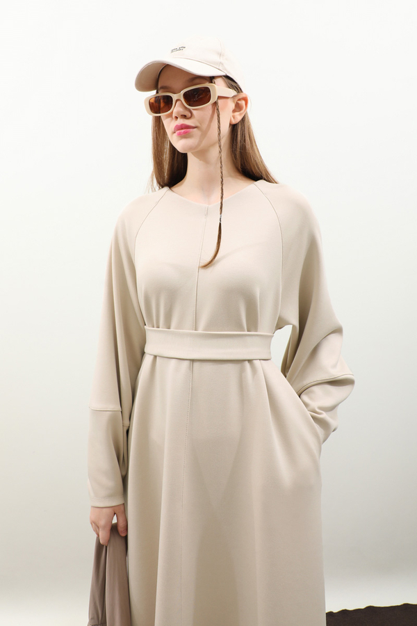 Dikiş Detaylı Elbise Krem - 9