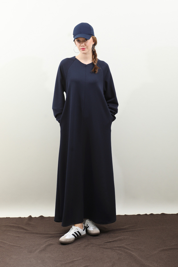 Dikiş Detaylı Elbise Lacivert - 2