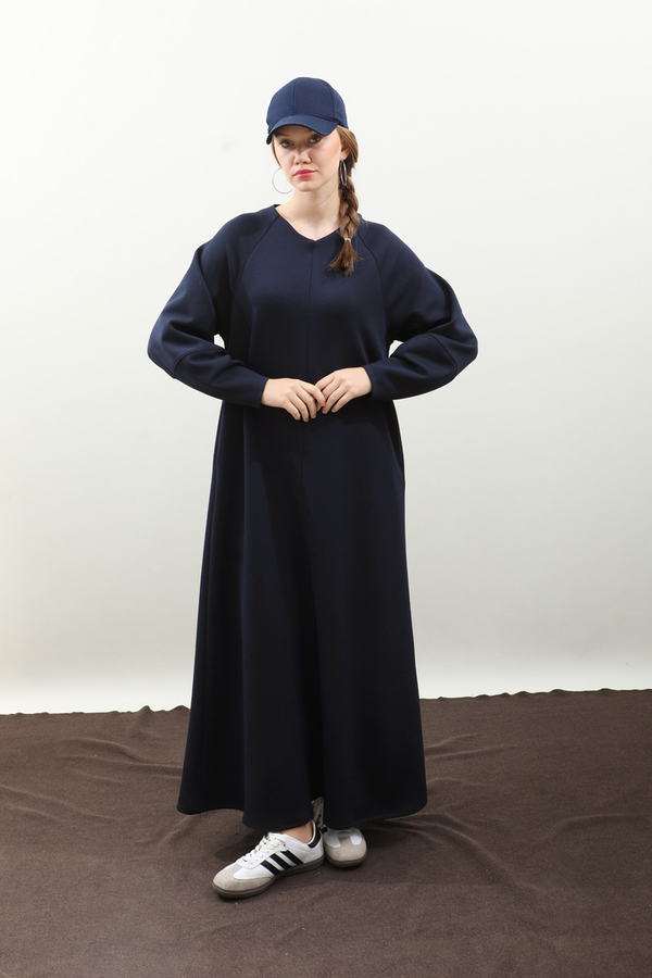 Dikiş Detaylı Elbise Lacivert - 3