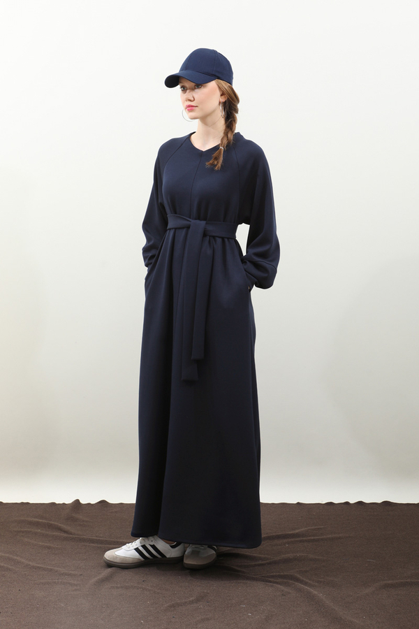 Dikiş Detaylı Elbise Lacivert - 5