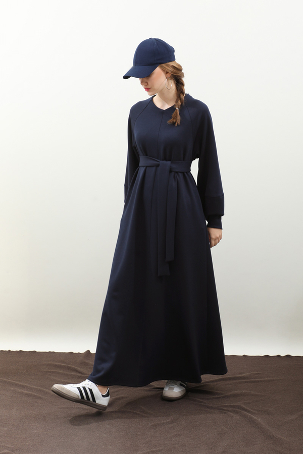 Dikiş Detaylı Elbise Lacivert - 6