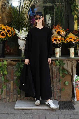 Dikiş Detaylı Elbise Siyah - 1