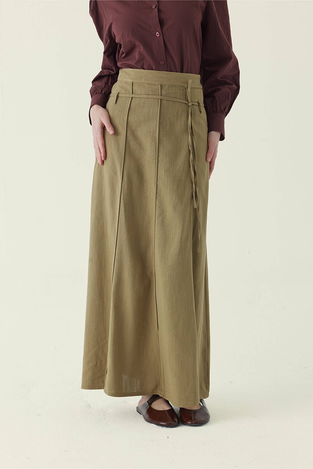 Dikiş Detaylı Etek Açık Haki - 2