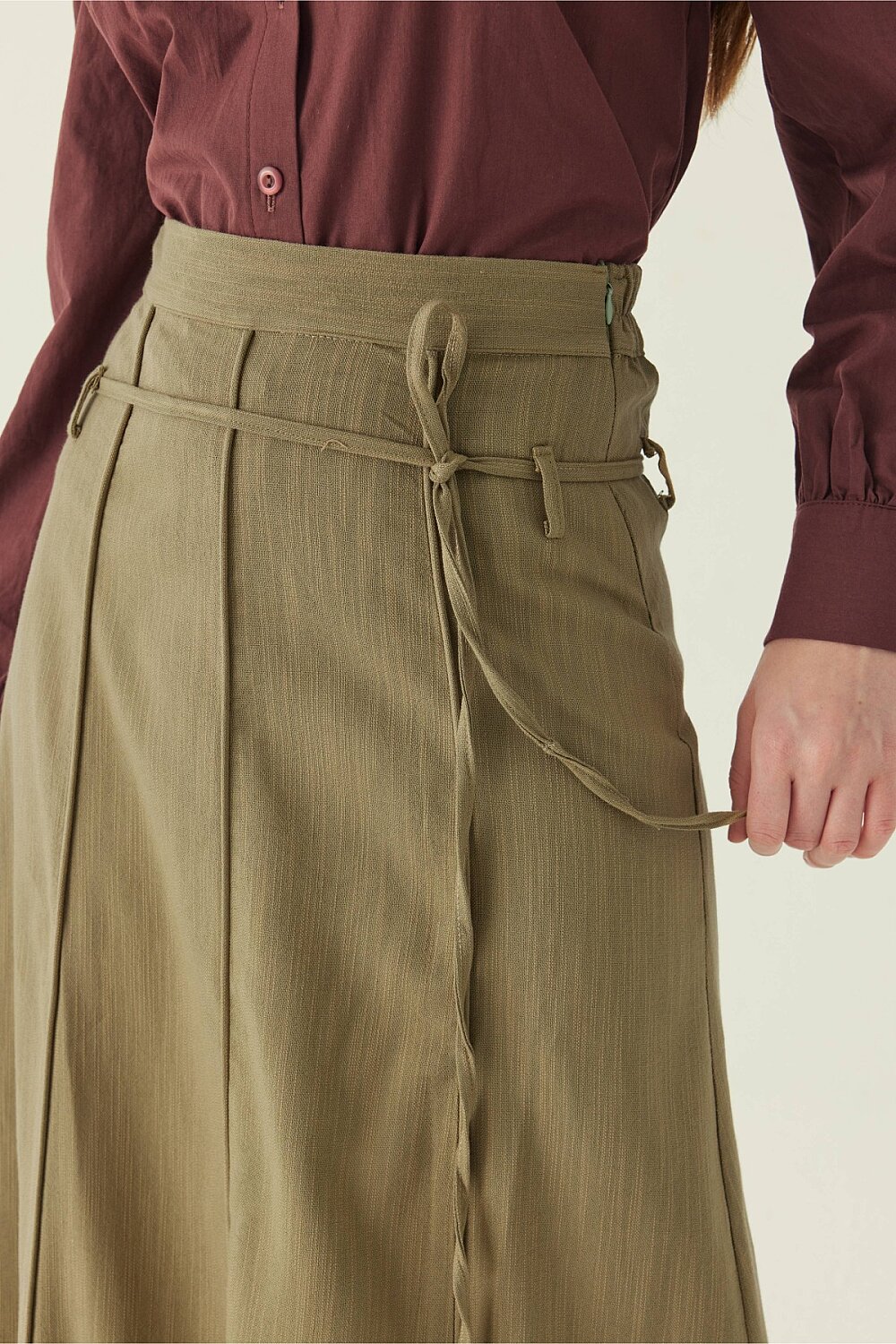 Dikiş Detaylı Etek Açık Haki - 5