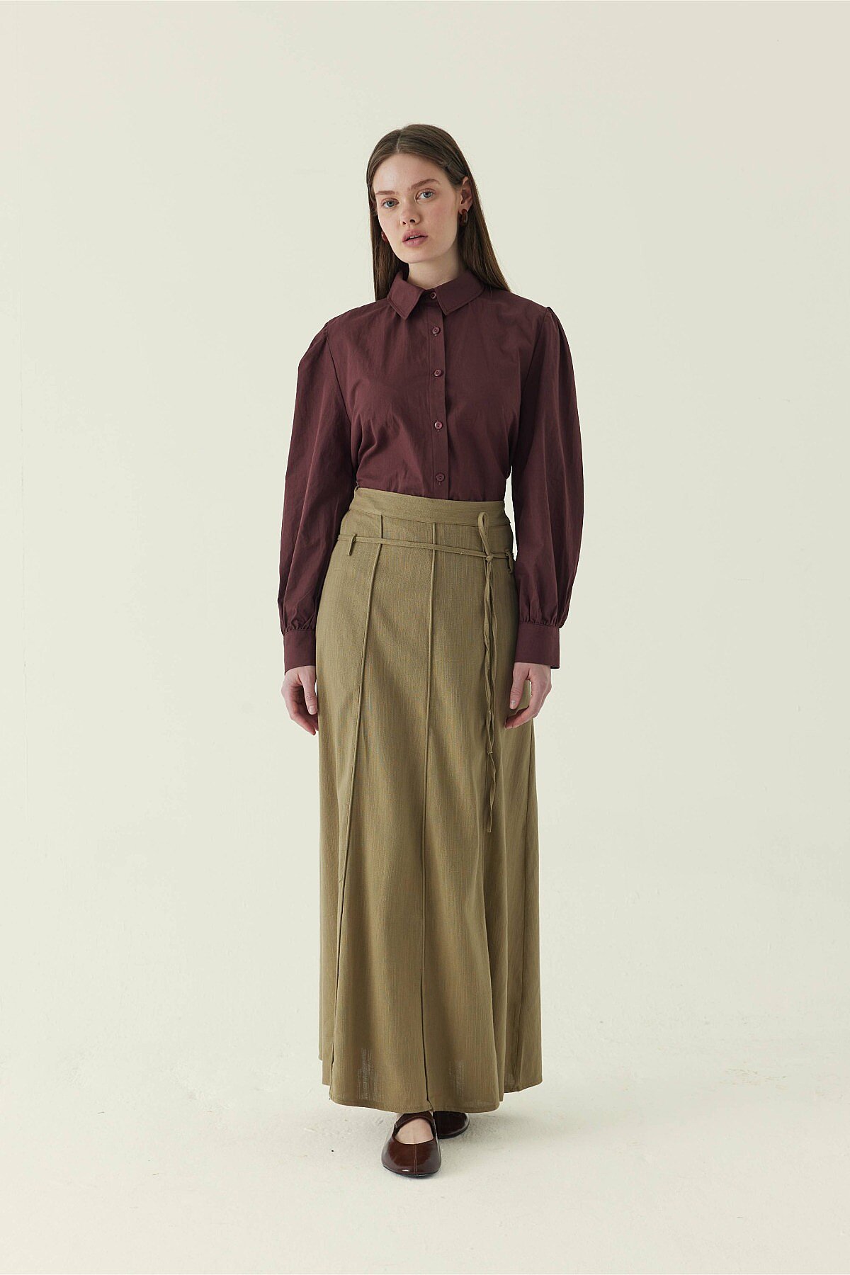 Dikiş Detaylı Etek Açık Haki