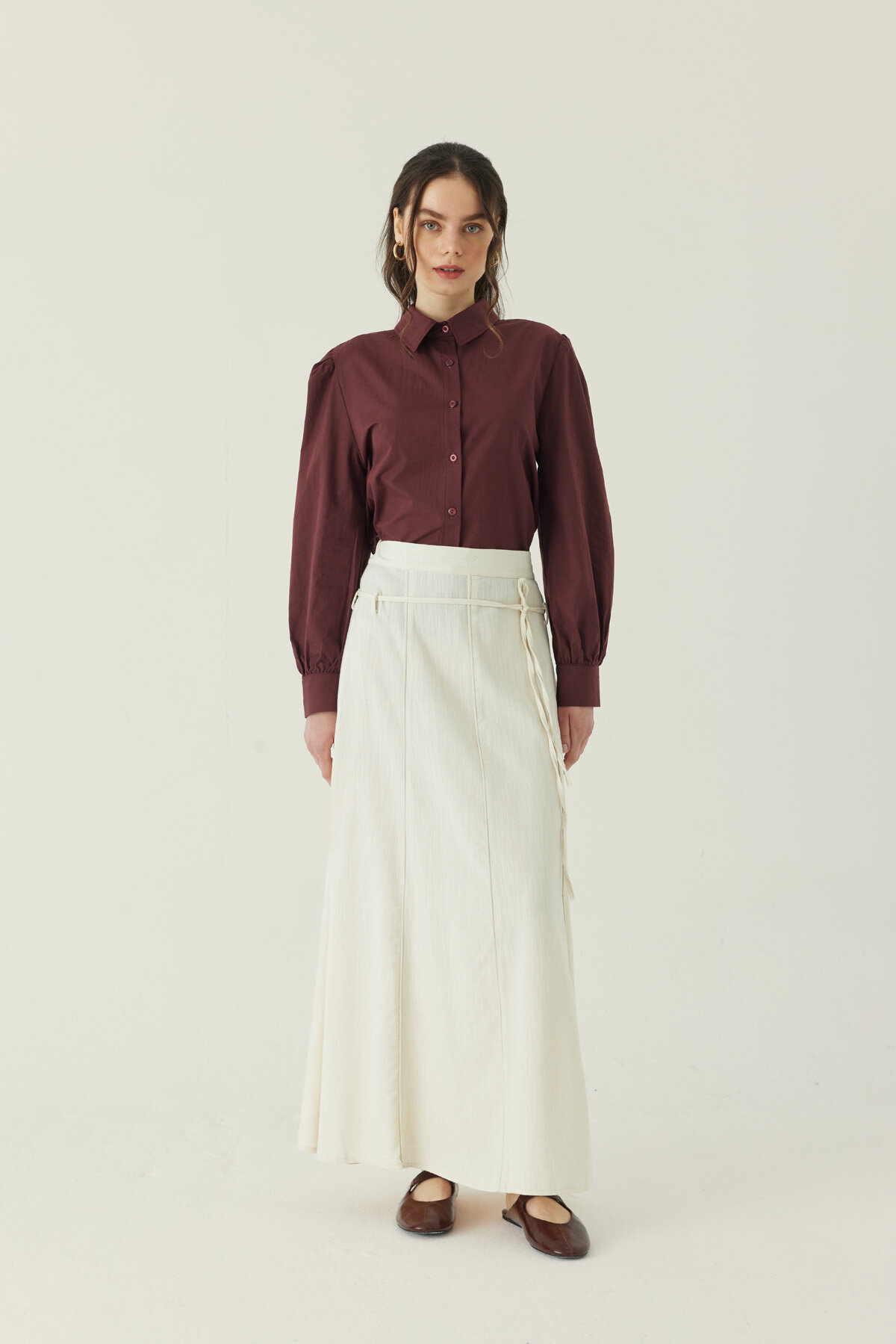 Dikiş Detaylı Etek Ekru