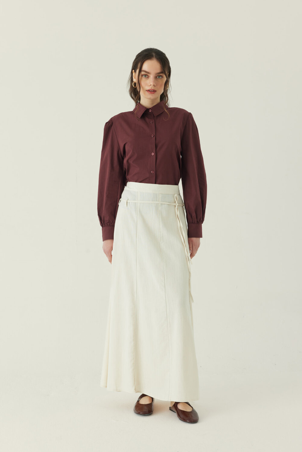 Dikiş Detaylı Etek Ekru 