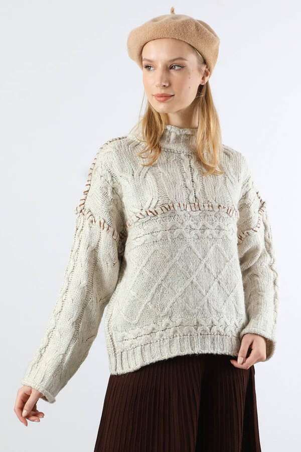 Dikiş Detaylı Kısa Kazak Çakıl - 1