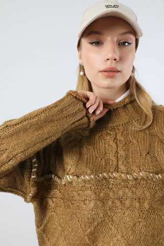 Dikiş Detaylı Kısa Kazak Camel - 2