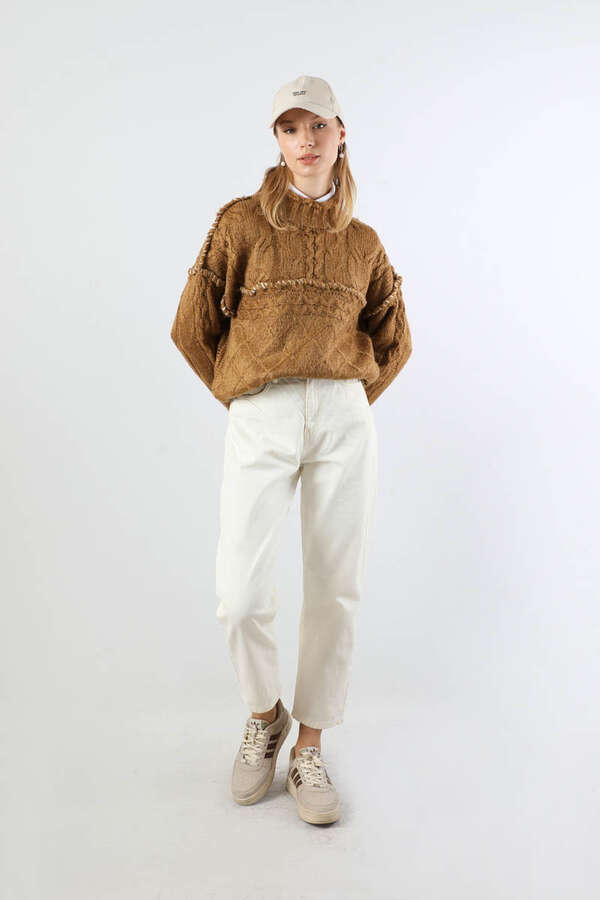 Dikiş Detaylı Kısa Kazak Camel - 5