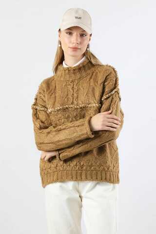 Dikiş Detaylı Kısa Kazak Camel - 1