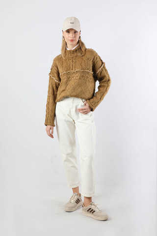 Dikiş Detaylı Kısa Kazak Camel - 3