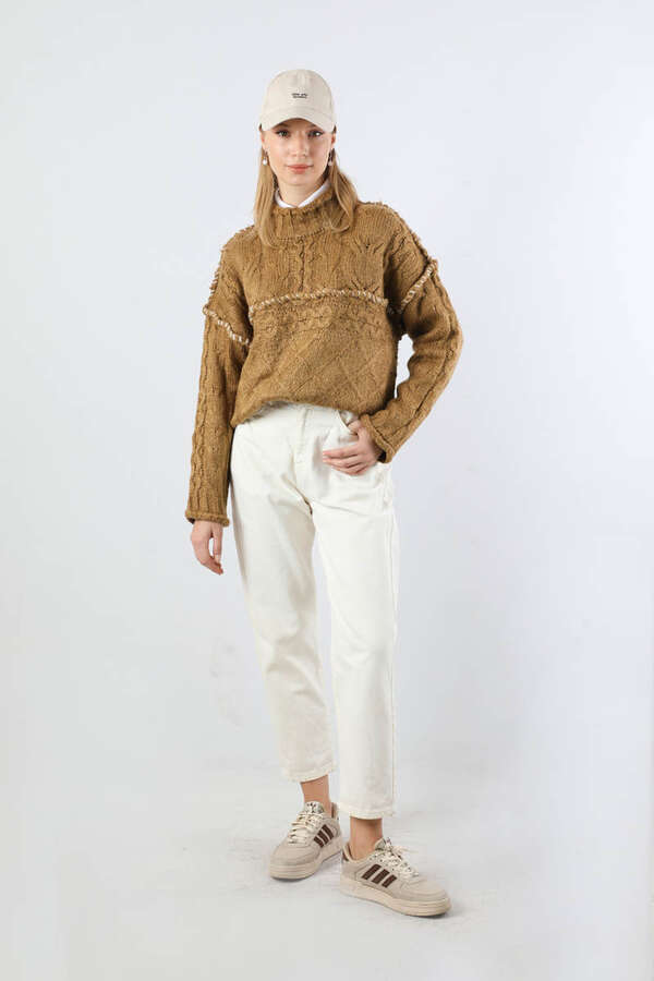 Dikiş Detaylı Kısa Kazak Camel - 3