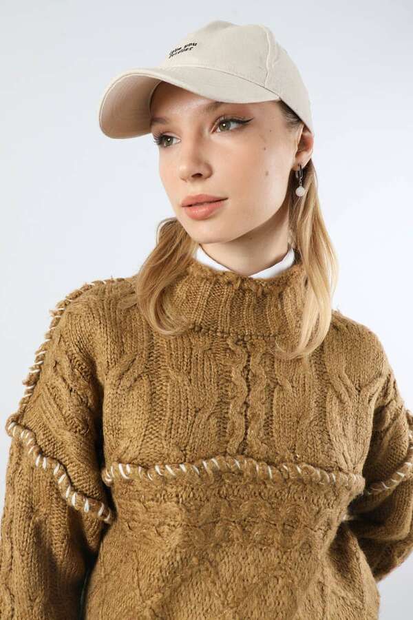 Dikiş Detaylı Kısa Kazak Camel - 4