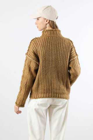 Dikiş Detaylı Kısa Kazak Camel - 6