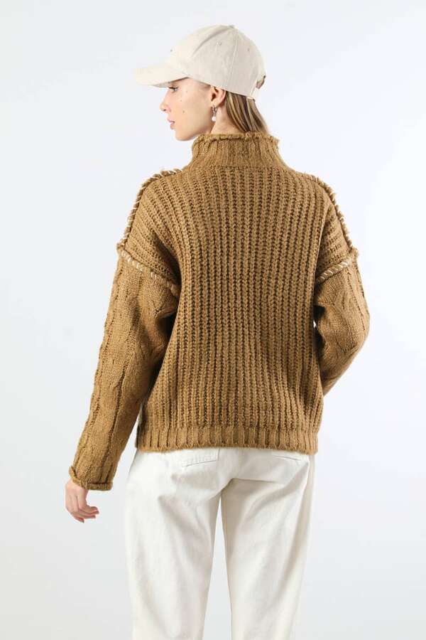 Dikiş Detaylı Kısa Kazak Camel - 6