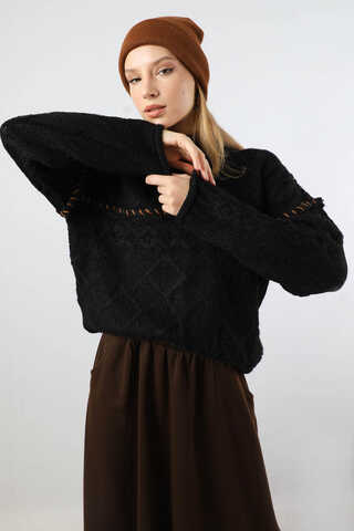 Dikiş Detaylı Kısa Kazak Siyah - 1