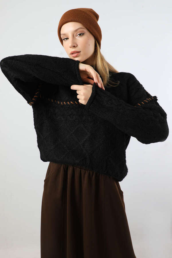 Dikiş Detaylı Kısa Kazak Siyah - 1