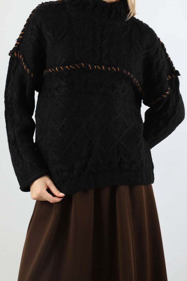 Dikiş Detaylı Kısa Kazak Siyah - 2