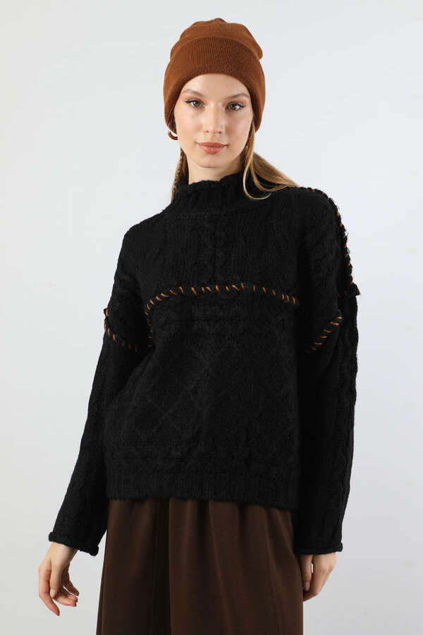 Dikiş Detaylı Kısa Kazak Siyah - 4