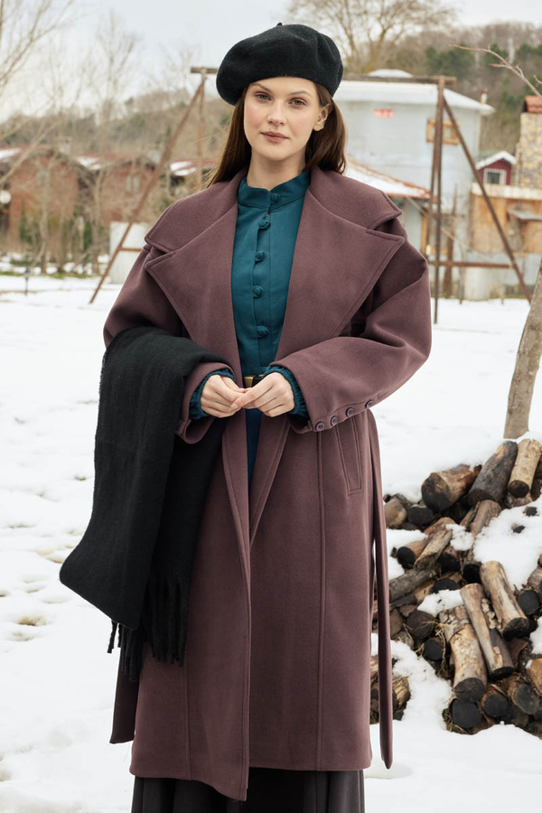 Dikiş Detaylı Klasik Kaban Koyu Mürdüm - 5