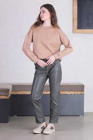 Dikiş İzli Deri Pantolon Gri - 4