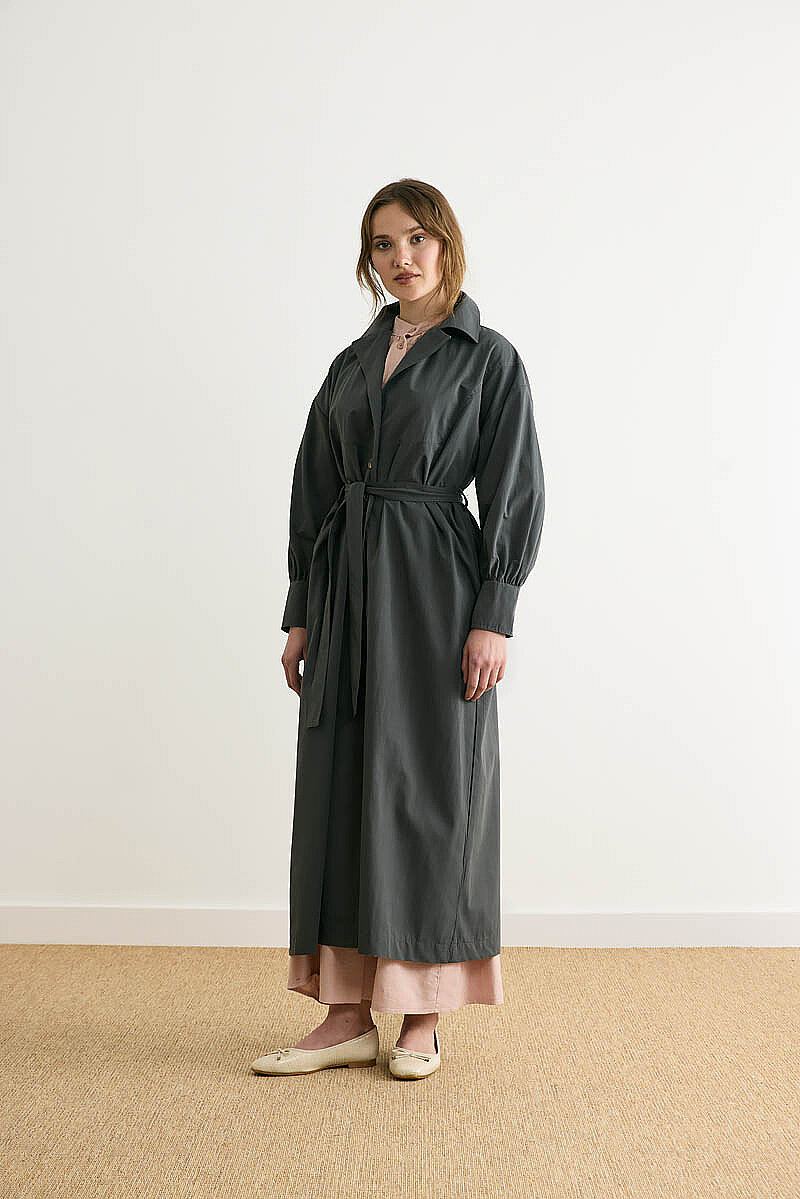 Dikişli Düğmeli Trençkot Antrasit