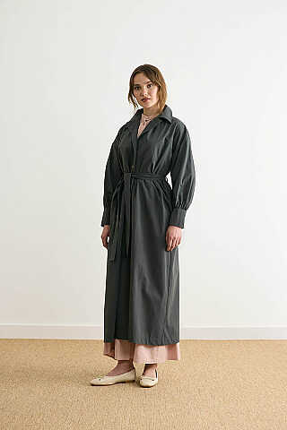 Dikişli Düğmeli Trençkot Antrasit - 1