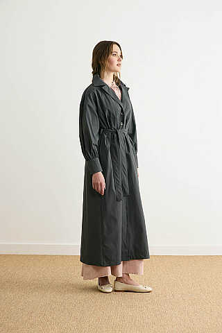 Dikişli Düğmeli Trençkot Antrasit - 3