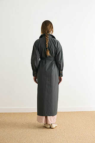 Dikişli Düğmeli Trençkot Antrasit - 11