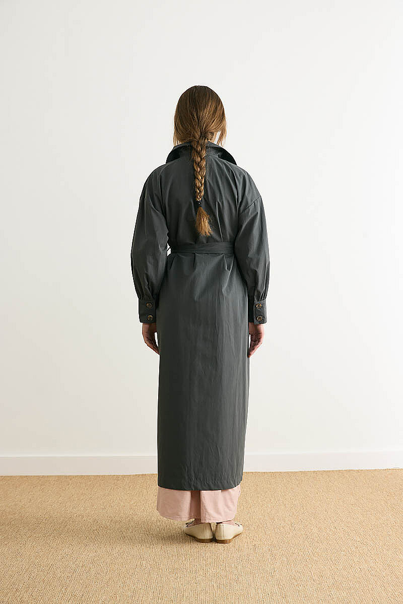 Dikişli Düğmeli Trençkot Antrasit - 11