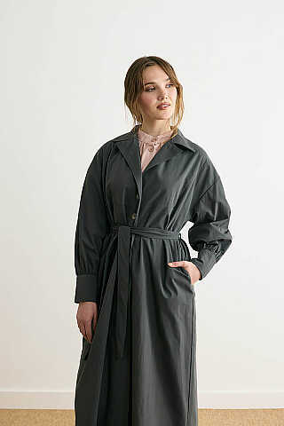 Dikişli Düğmeli Trençkot Antrasit - 6