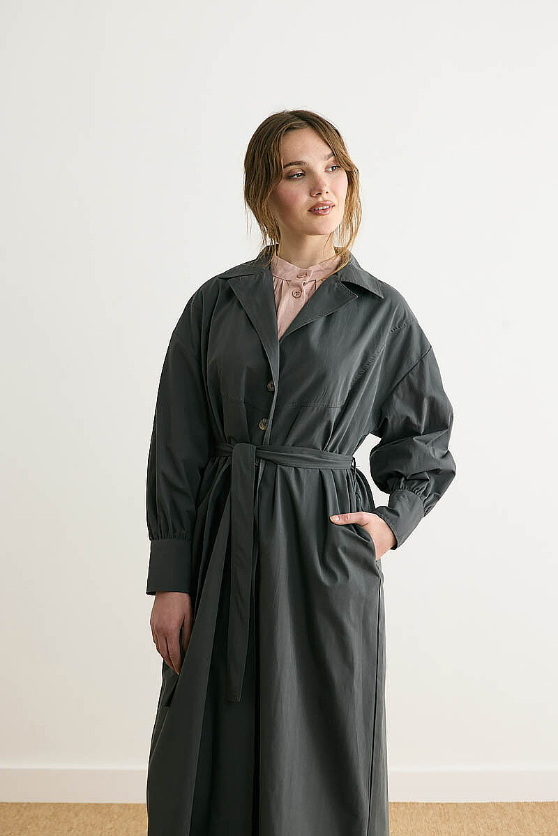 Dikişli Düğmeli Trençkot Antrasit - 6