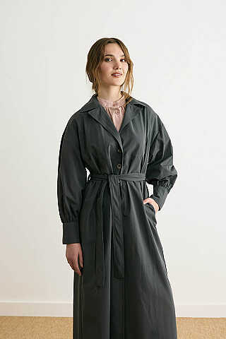 Dikişli Düğmeli Trençkot Antrasit - 7