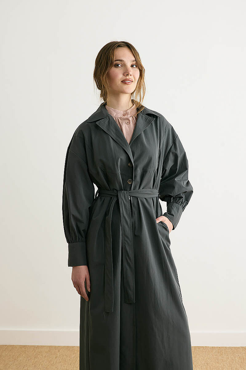 Dikişli Düğmeli Trençkot Antrasit - 7