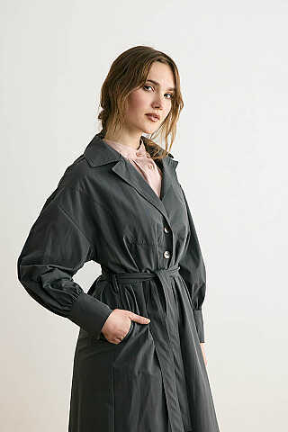 Dikişli Düğmeli Trençkot Antrasit - 9