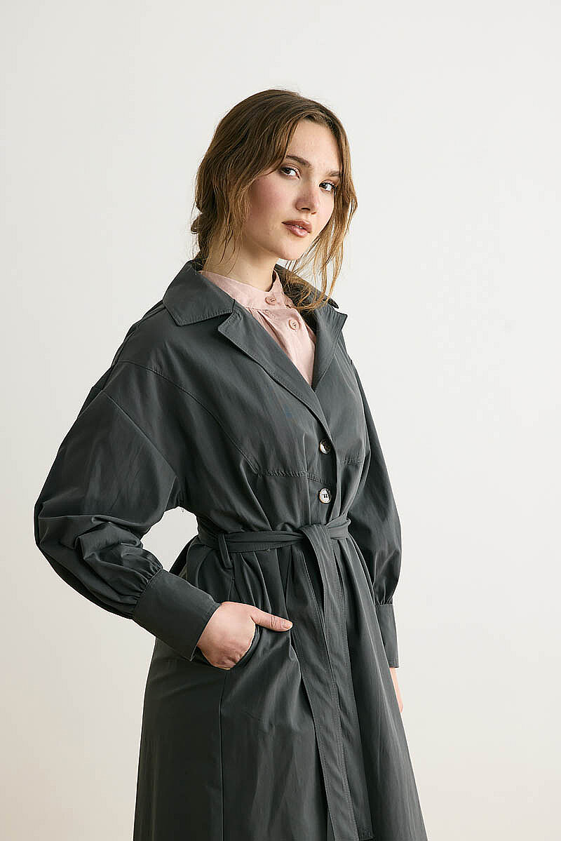 Dikişli Düğmeli Trençkot Antrasit - 9