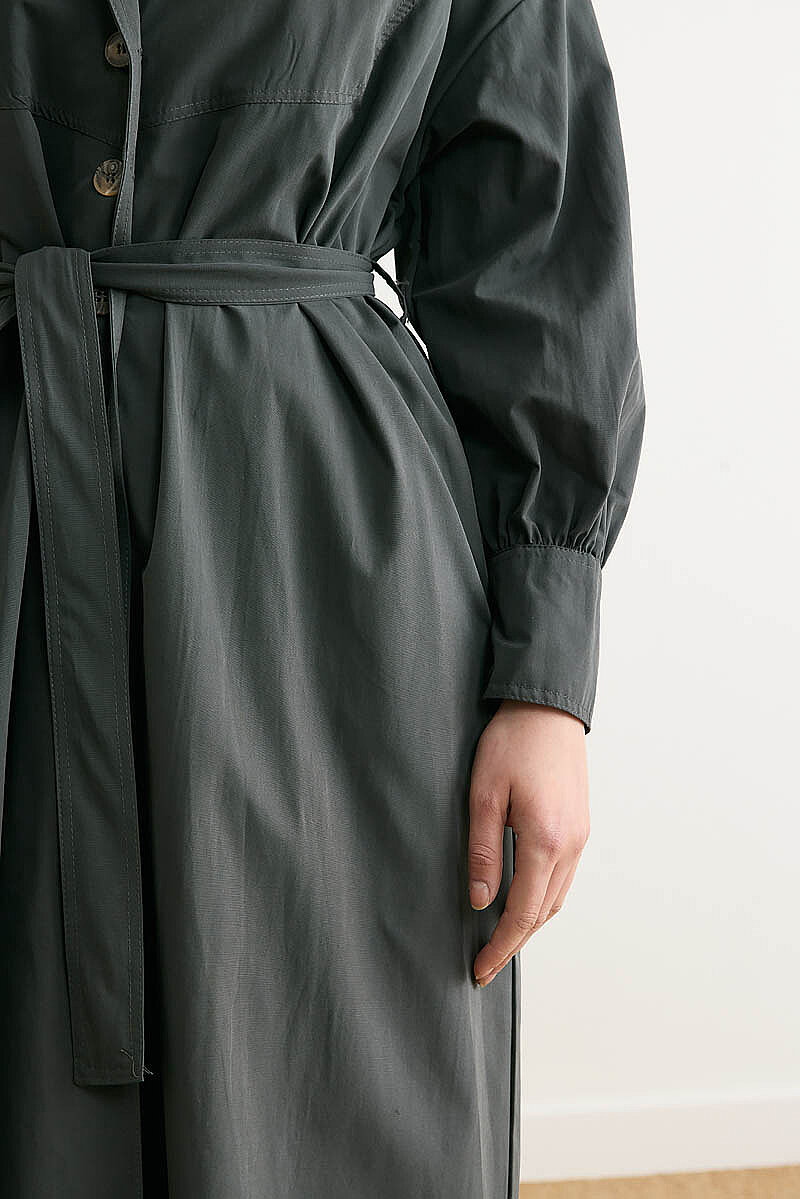 Dikişli Düğmeli Trençkot Antrasit - 4