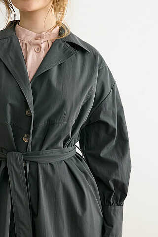 Dikişli Düğmeli Trençkot Antrasit - 2