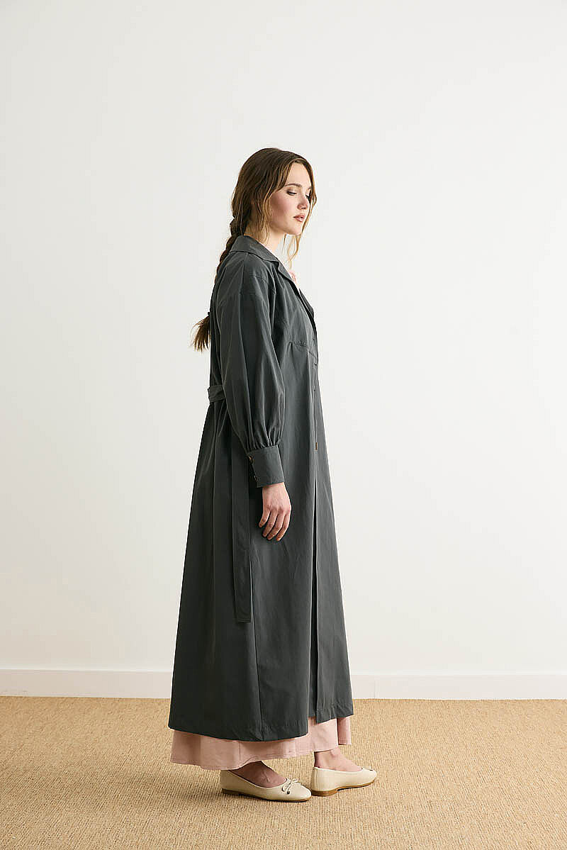 Dikişli Düğmeli Trençkot Antrasit - 10