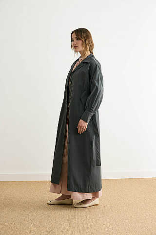 Dikişli Düğmeli Trençkot Antrasit - 12