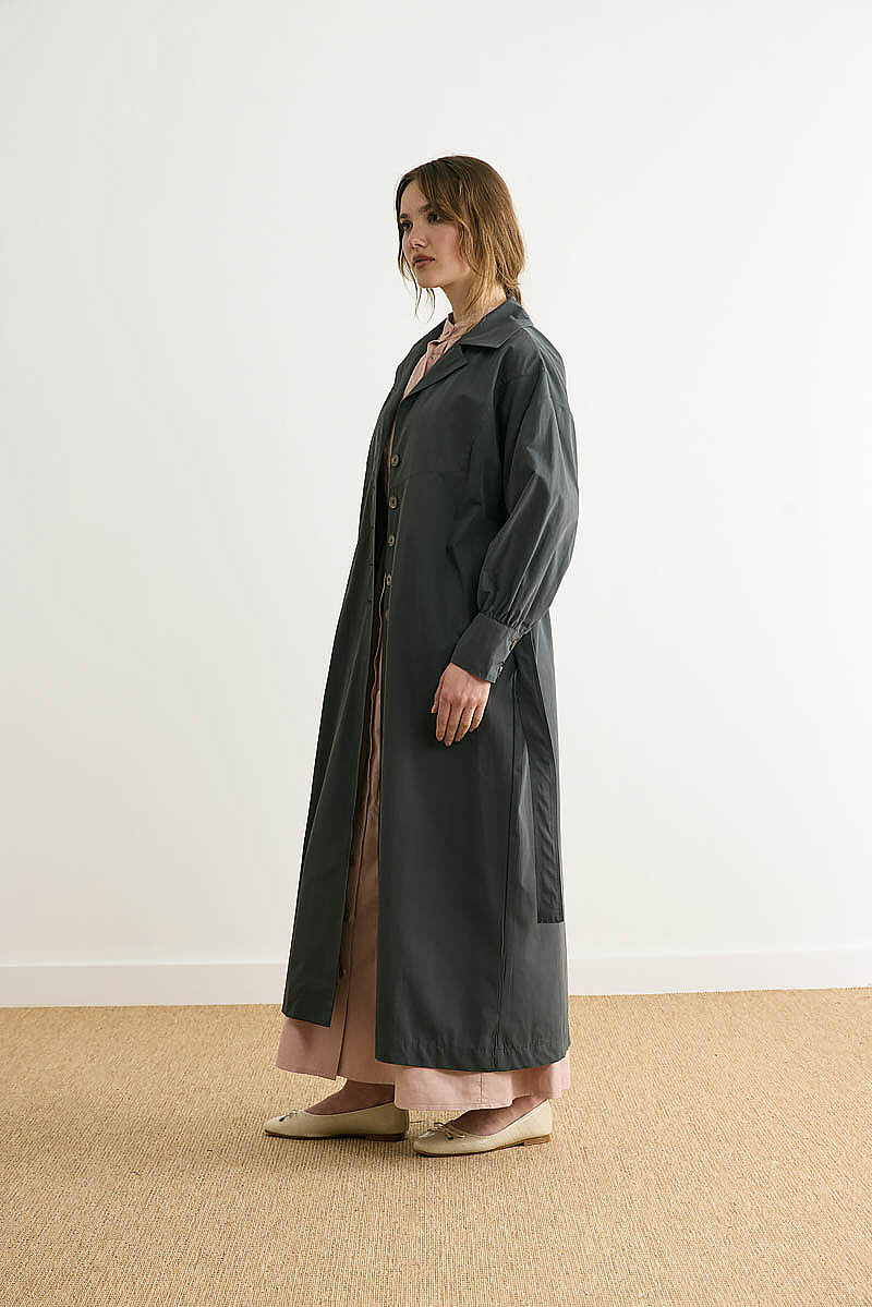 Dikişli Düğmeli Trençkot Antrasit - 12