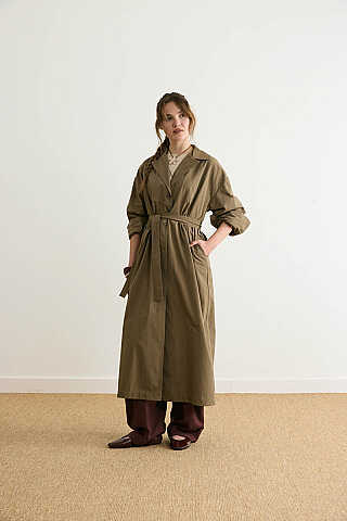 Dikişli Düğmeli Trençkot Haki - 1