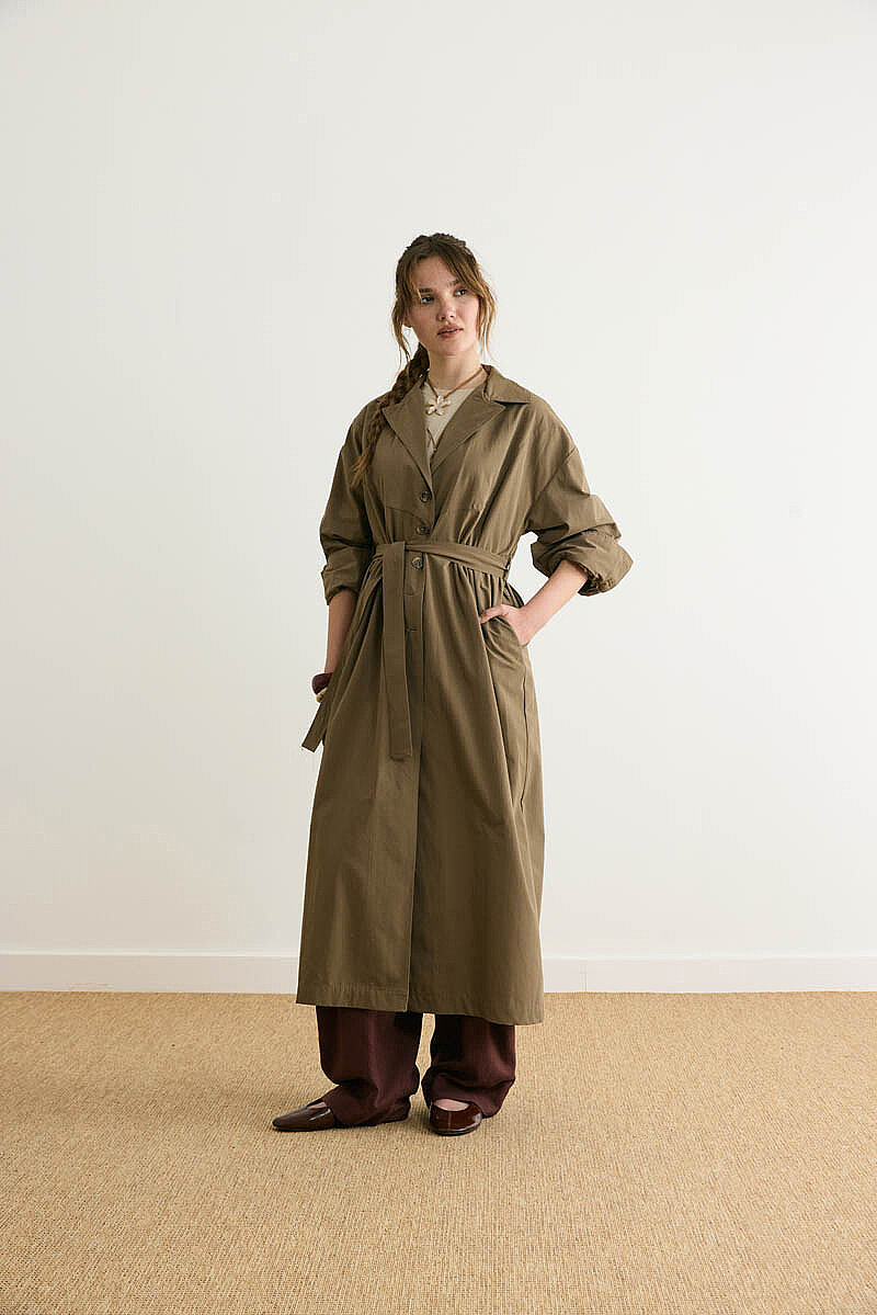 Dikişli Düğmeli Trençkot Haki 