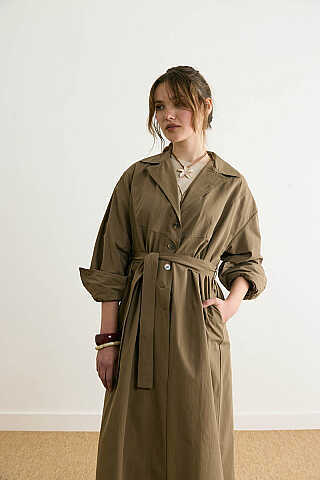 Dikişli Düğmeli Trençkot Haki - 2